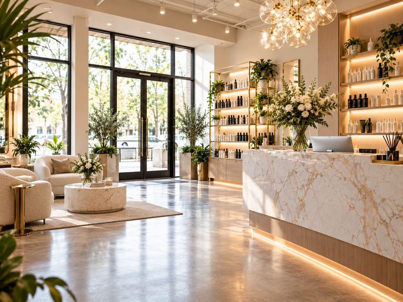 Accueil du salon avec comptoir en marbre veiné d'or et coin salon