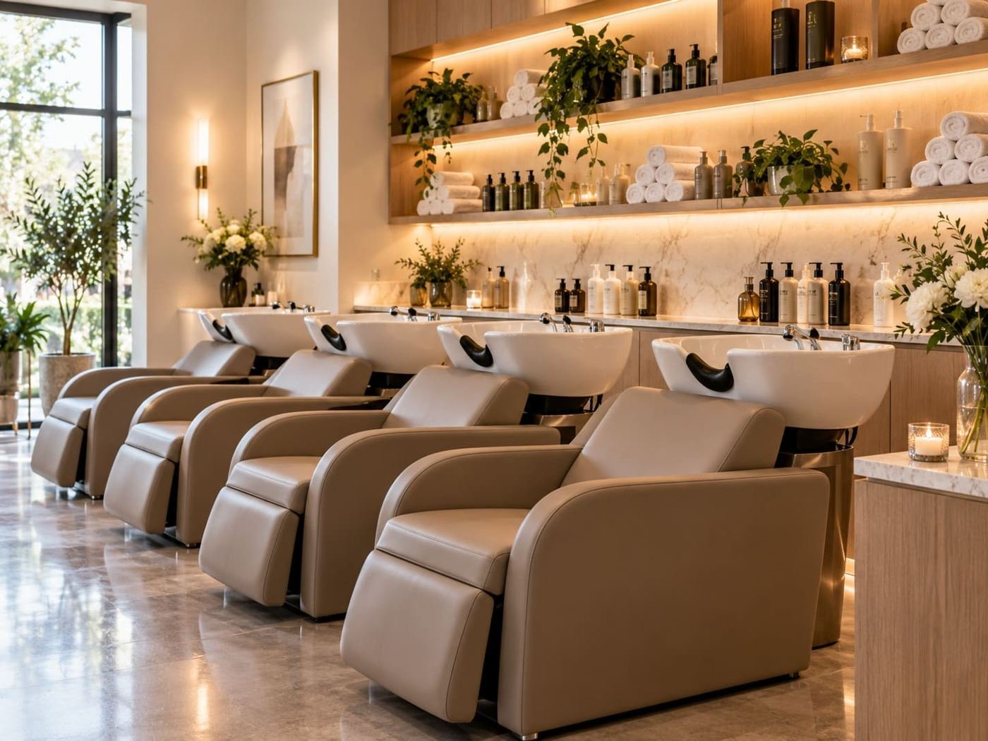 Espace shampooing avec quatre bacs et fauteuils massants